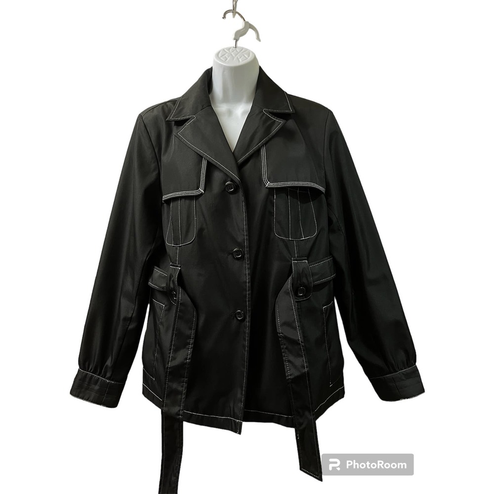 Vintage Platinum Utex Jacket Coat Size M Black White Stitching Pockets Tie Belt